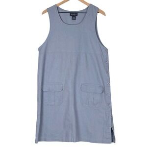 VTG Blue J. Linen Cotton Side Button Jumper Dress Sz M Cargo Pockets Sleeveless